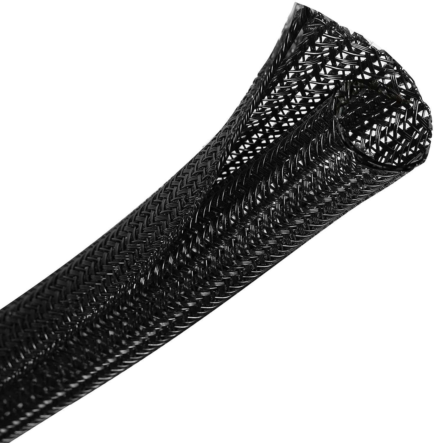 25Ft - 1/2 Inch Braided Cable Management Sleeve Cord Protector - Self-Wrapping Split Wire Loom for Tv/Computer/Home Theater/Engine Bay - Black