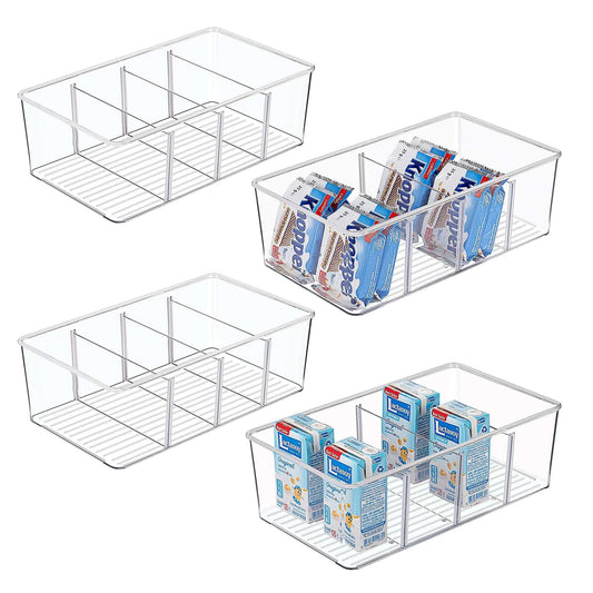 Food Storage Organizer Bin with 4 Compartment ,  Clear Plastic Pantry Organizing Bins, for Spice Packets, Snacks, Pouches, Set of 4