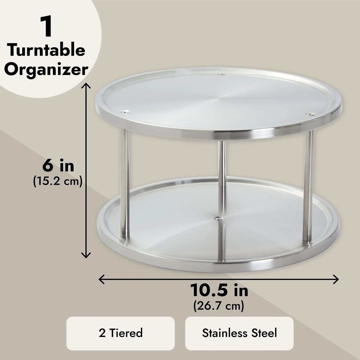 2 tier stainless steel Lazy Susan turntable organizer, 10.5-inch diameter, for kitchen cabinet spice storage.