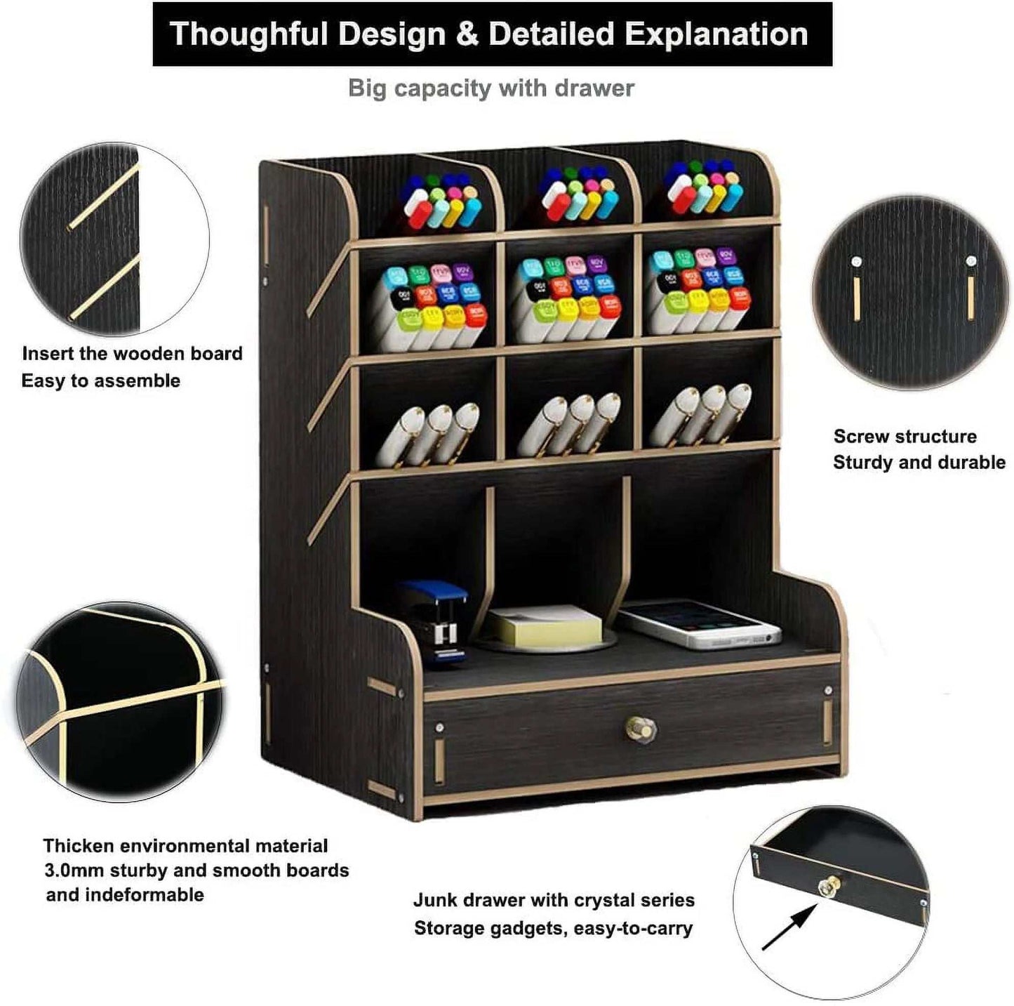 Wooden Desk Organizer, Multi-Functional Supply Storage Rack with Drawer