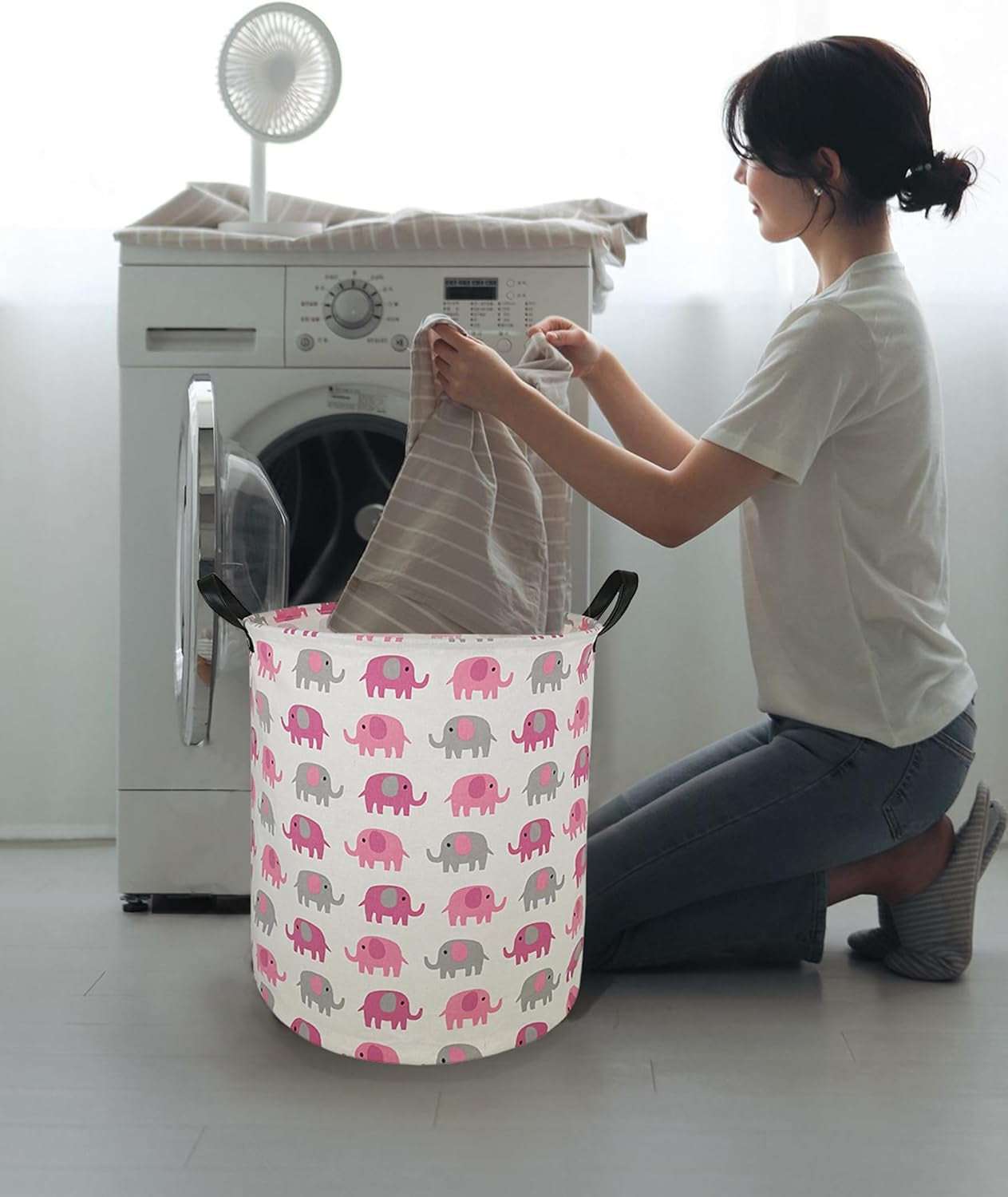 Waterproof Laundry Basket, 19.7 Laundry Hamper Toys Box Storage Bins Canvas Waterproof Collapsible Clothes Organizer Basket with Handle Freestanding Large Cute Light Weight for Home Kids Baby Room(Elephant)