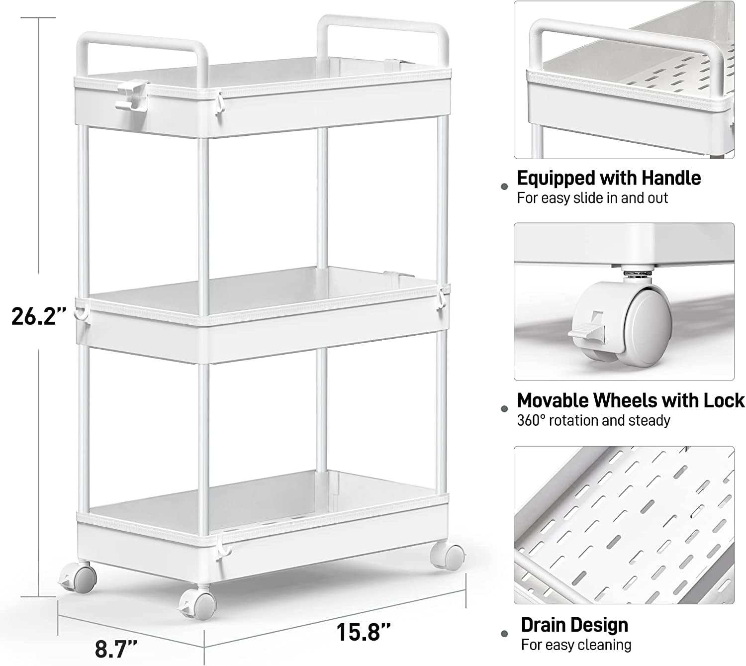 Rolling Storage Cart, 3 Tier Utility Cart Mobile Slide Out Organizer, Bathroom Standing Rack Shelving Unit Organizer for Kitchen, Bathroom, Laundry Room, White