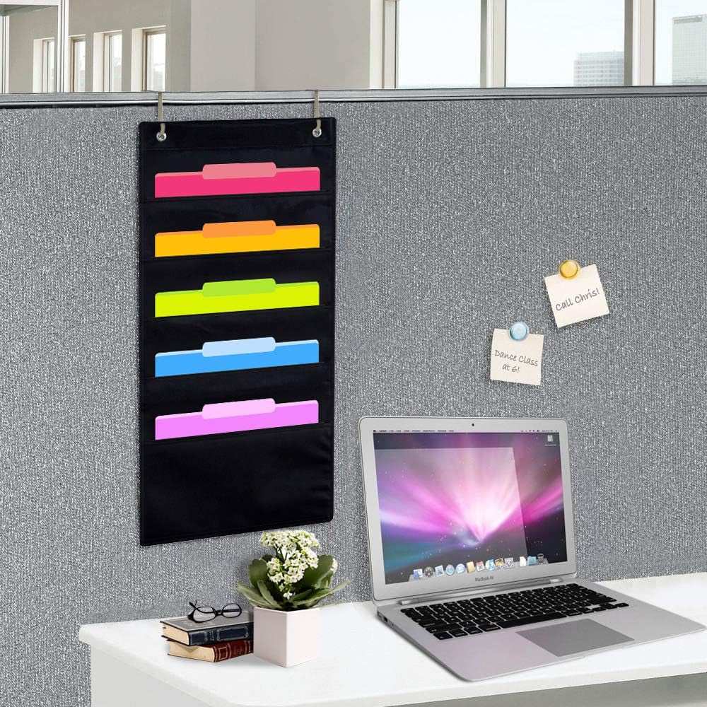 Hanging Wall Organizer, over the Door Office Supplies File Document Organizer Holder for Home Bill Filing, Mail Organizer, Wall Mounted File Folders - 5 File Pockets Chart and 2 File Hangers