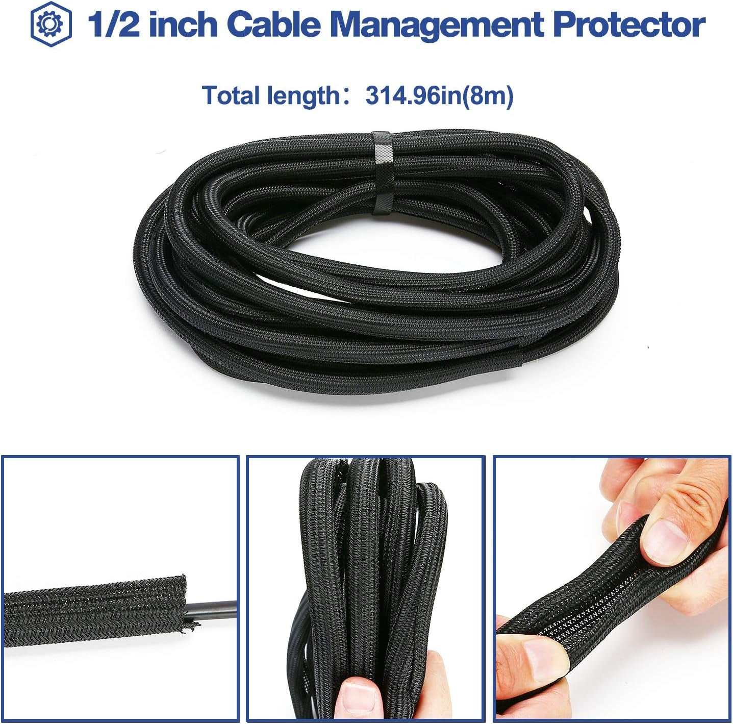 26Ft - 1/2 Inch Cord Protector Wire Loom Tubing Cable Sleeve, Braided Cable Sleeve Split Sleeving Cord Management System for TV Computer Home Theater Office, Protect Pet from Chewing Cords –Black