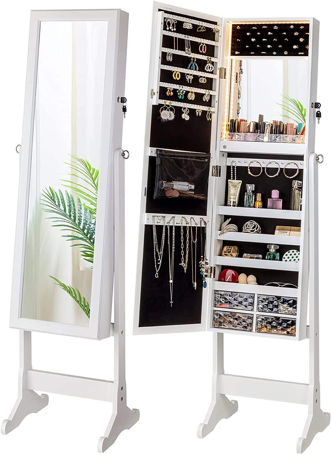 LED Light Jewelry Cabinet Armoire, Standing Mirror Makeup Lockable Large Storage Organizer W/Drawers (White)