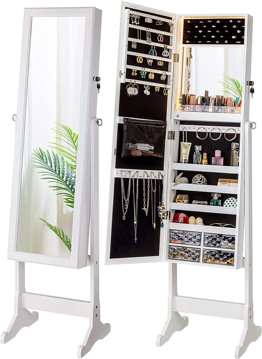 LED Light Jewelry Cabinet Armoire, Standing Mirror Makeup Lockable Large Storage Organizer W/Drawers (White)