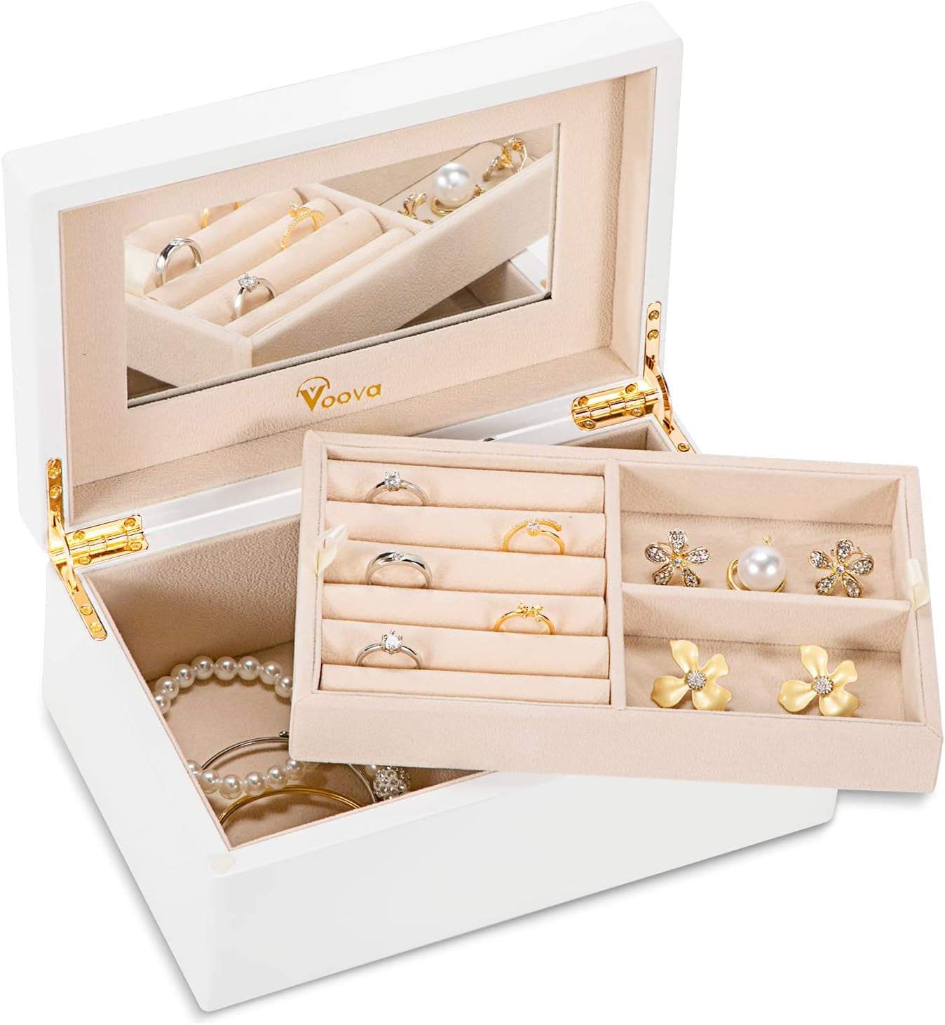 Wooden Jewelry Box Organizer for Women Teen Girls, Luxury Piano Paint Wood Jewelry Case with Mirror, Large Jewellery Storage Boxes Display Holder with Removable Tray for Earrings Rings, White