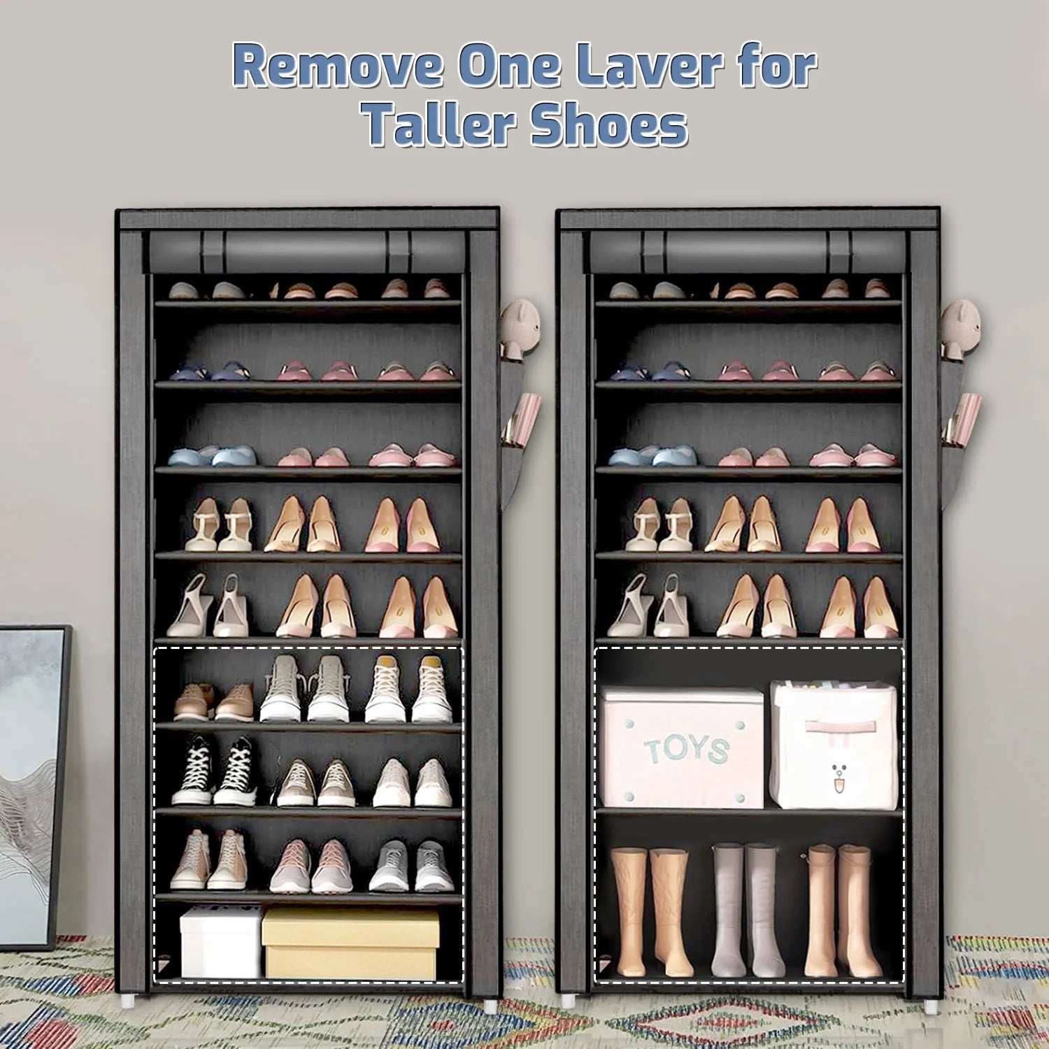 10 Tier Shoe Rack with Covers,Large Capacity Stackable Tall Shoe Organizer Storage Shoes and Boots Sturdy Metal Free Standing Shoe Shelf Organizer for Closet Entryway Garage Bedroom