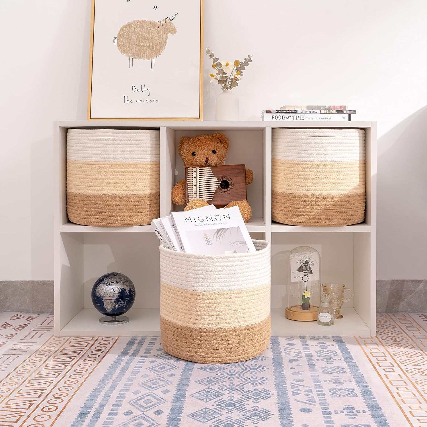 Storage Cubes Baskets Bins Organizer 11X11X11'' Fit 12X12''Cube Storage Organizer Bookcases Shelves,Durable Woven Cotton Storage Basket for Organizing,Round 3Pack 3-Tone Honey