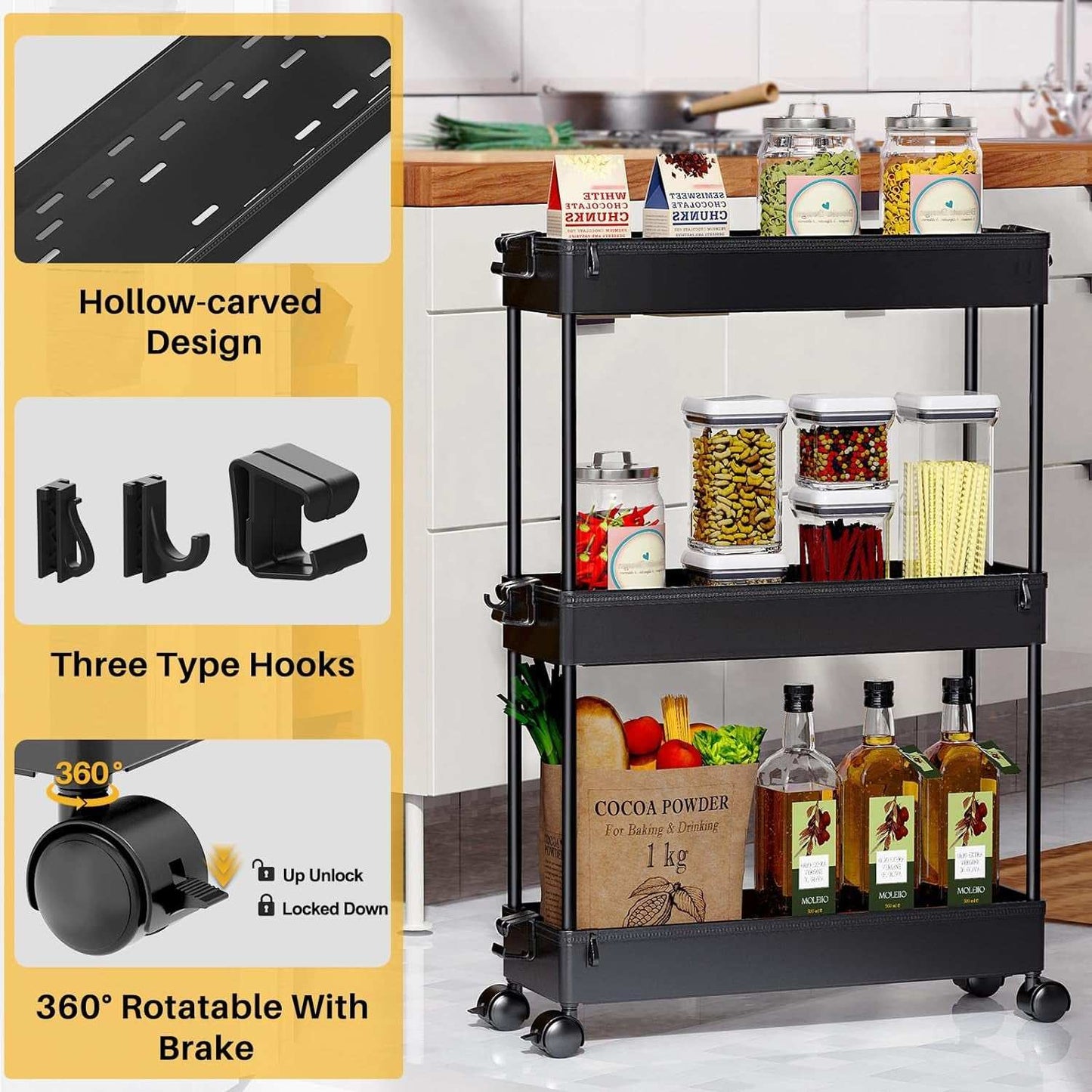 3-Tier Rolling Storage Cart Organizer for Kitchen/Bathroom