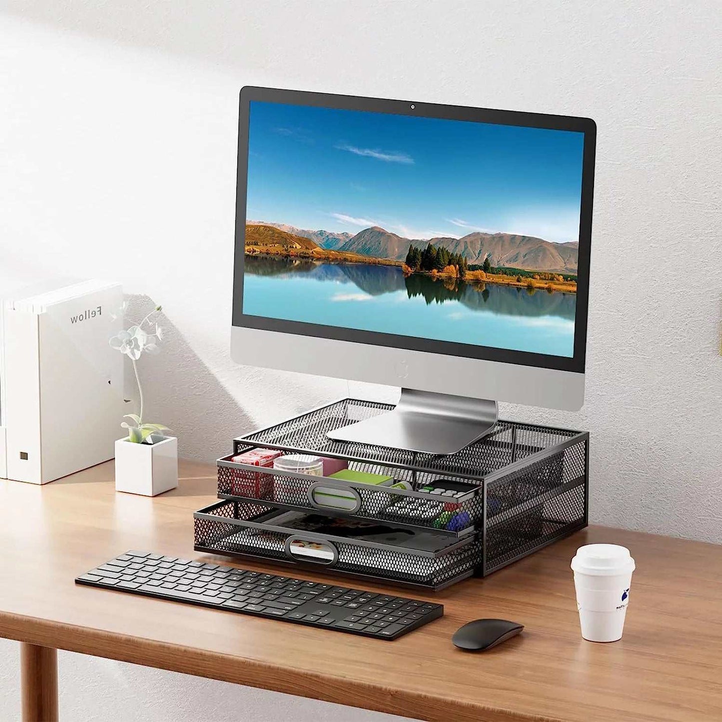 Monitor Stand, Monitor Stand with Drawer, Monitor Riser Mesh Metal, Desk Organizer, Monitor Stand with Storage, Desktop Computer Stand for PC, Laptop, Printer