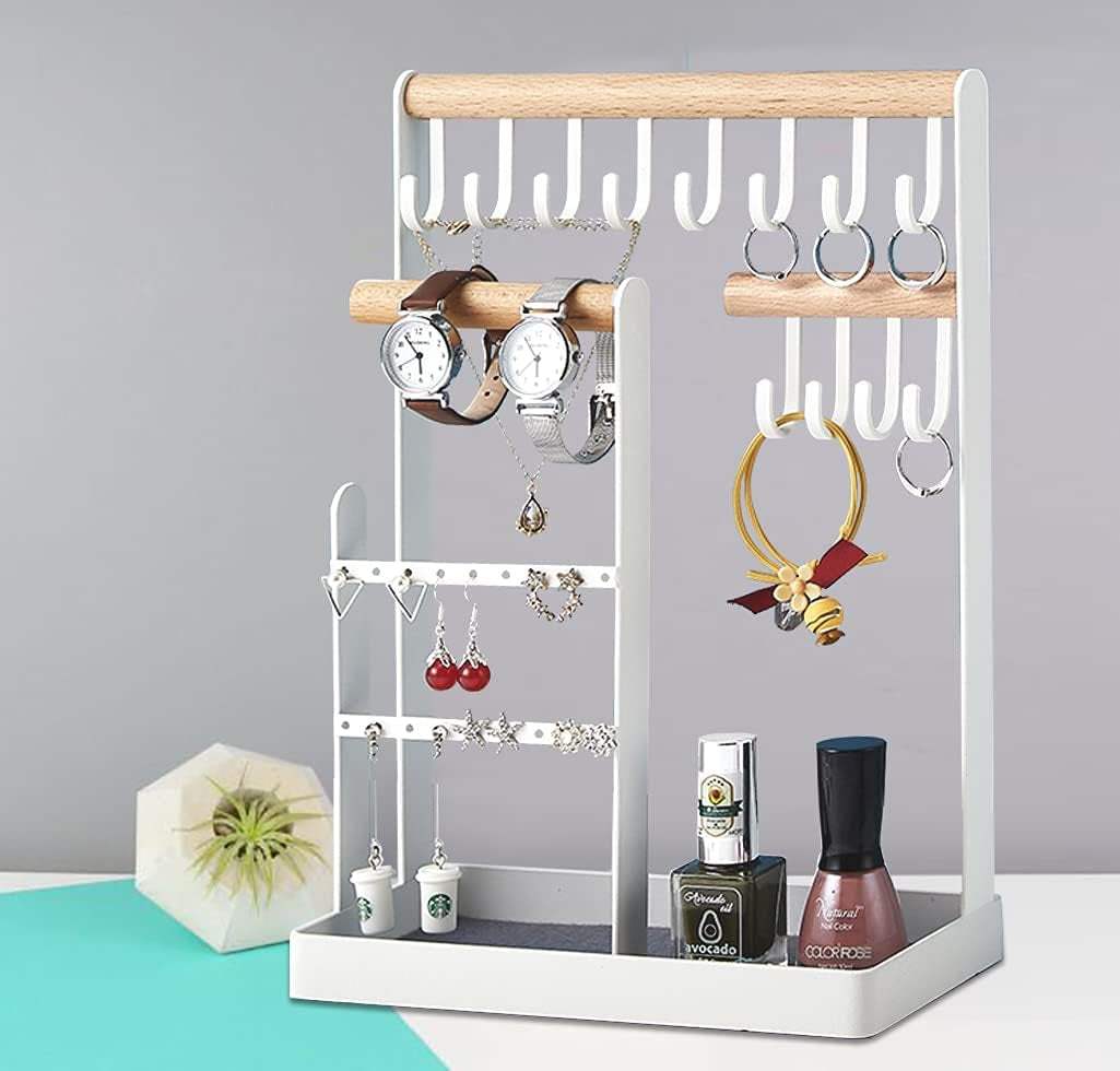 3-Tier Jewelry Tower for Woman,Metal Jewelry Organizer for Earrings Necklace Bracelet,12 Hooks Storage Rings Necklaces