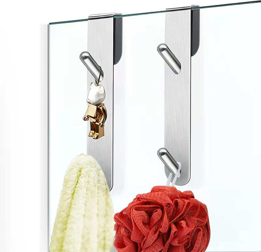 Shower Door Hooks Extended to 7.1 Inch, Glass Shower Door Hook for Bathroom Frameless Glass Door, over Shower Door Towel Rack with Soft Foam Elegantly, 2 Pack, Silver