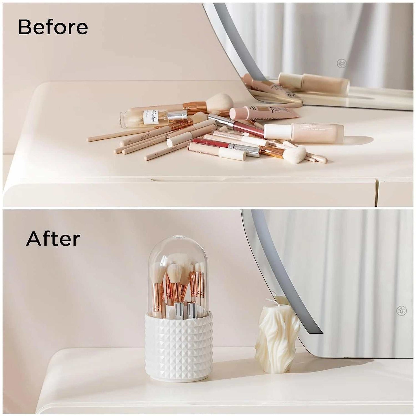 Makeup Brush Holder, Dustproof 360 Rotating Cosmetics Make up Brush Organizer Storage with Lid for Vanity and Bathroom