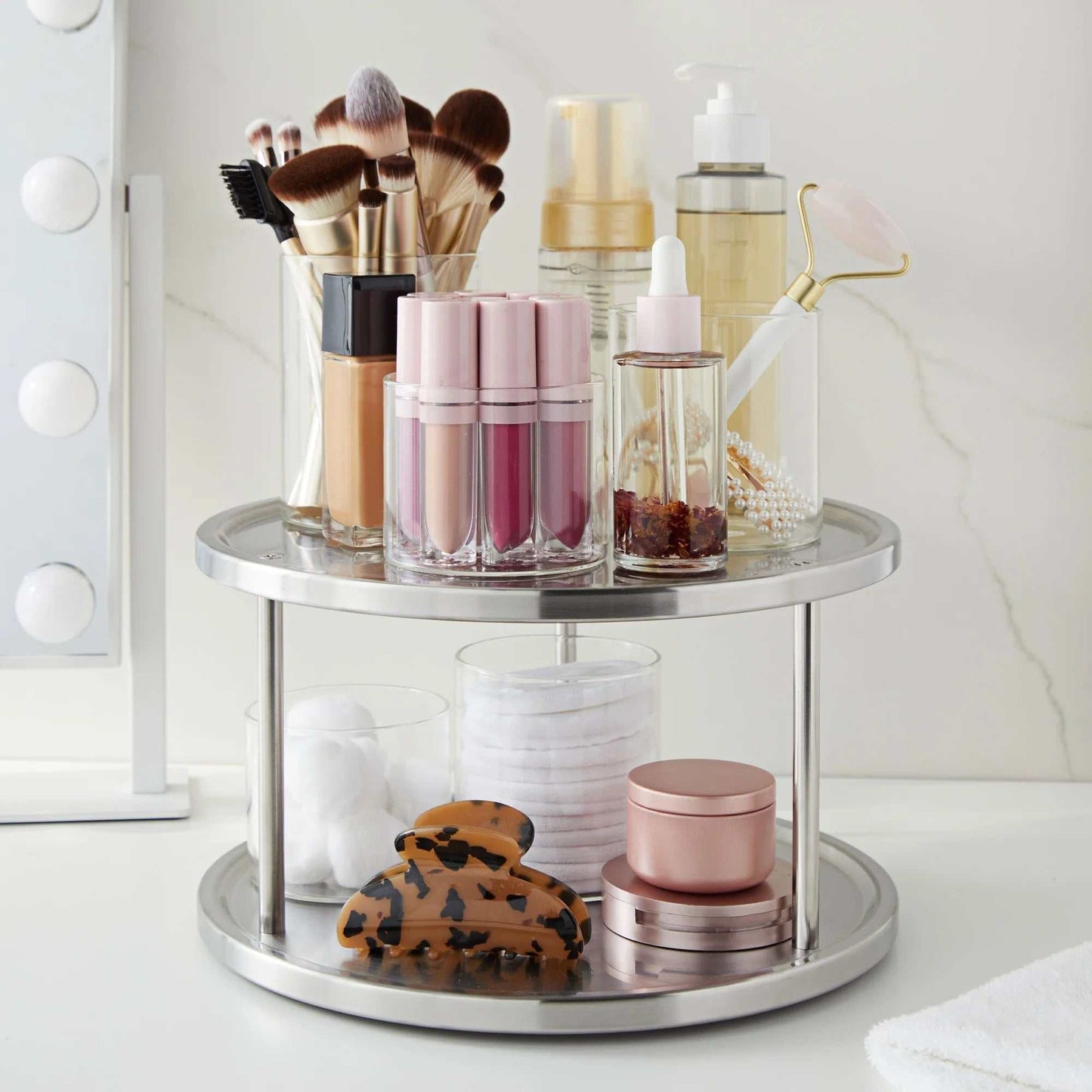 2 Tier Stainless Steel Lazy Susan Turntable Organizer with Makeup and Skincare Items