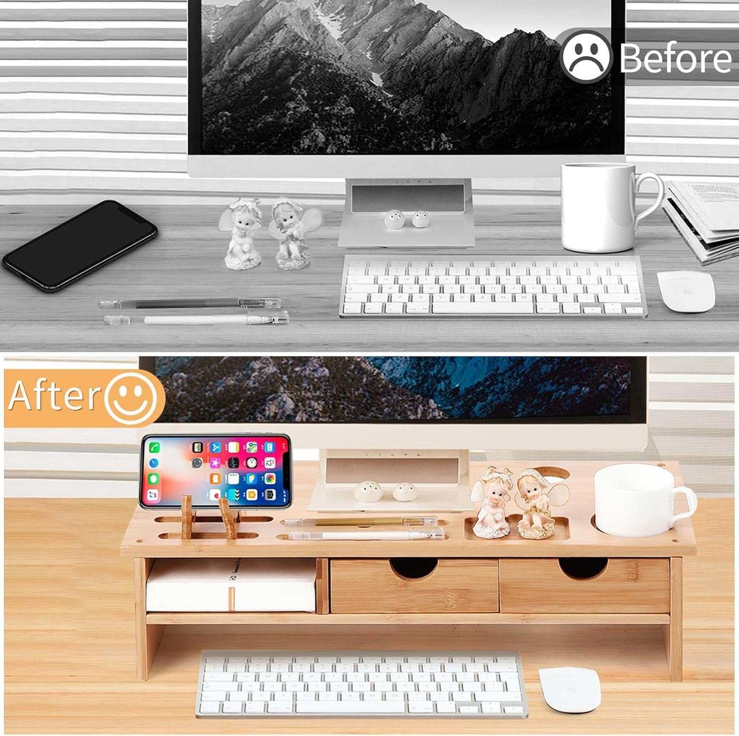 Monitor Stand Riser Desk Organizer-Bamboo 2 Tier Laptop Stand with Drawers, Adjustable Desktop Storage Organizer for Computer, Printer, Cellphone-Use in Office,Home /Reduce Neck &Eye Strain(Fawn)