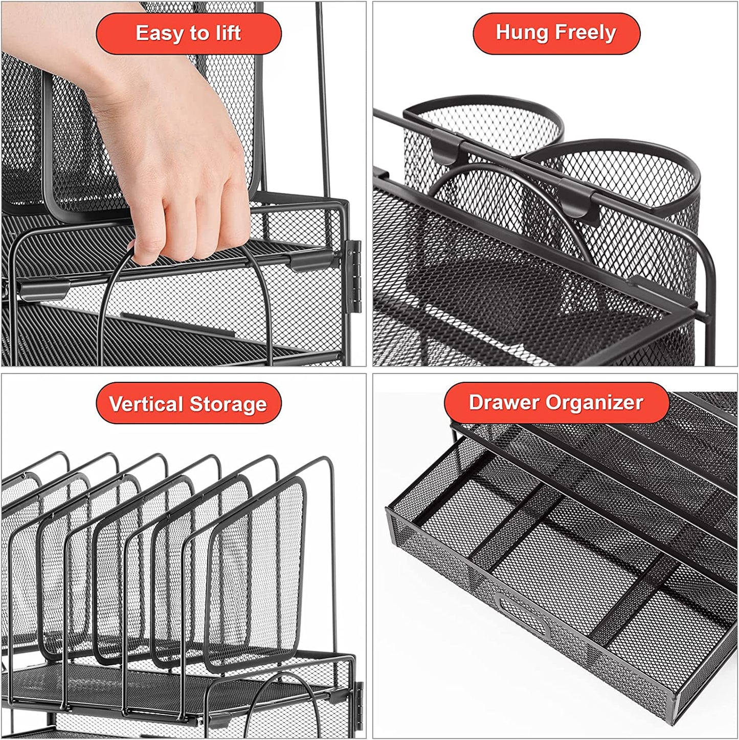 Desk Organizer with Drawer, 4-Tier Mesh Desk File Organizer with 5 Vertical File Holders and 2 Pen Holders, Multifunction Desktop Organizer