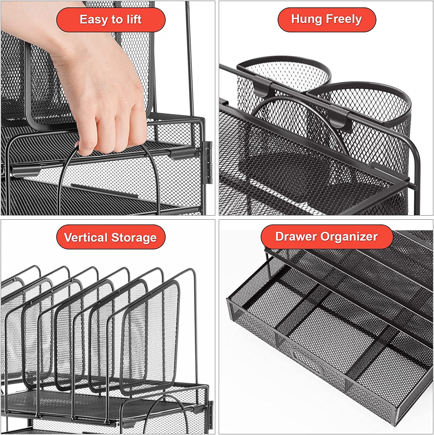 Desk Organizer with Drawer, 4-Tier Mesh Desk File Organizer with 5 Vertical File Holders and 2 Pen Holders, Multifunction Desktop Organizer