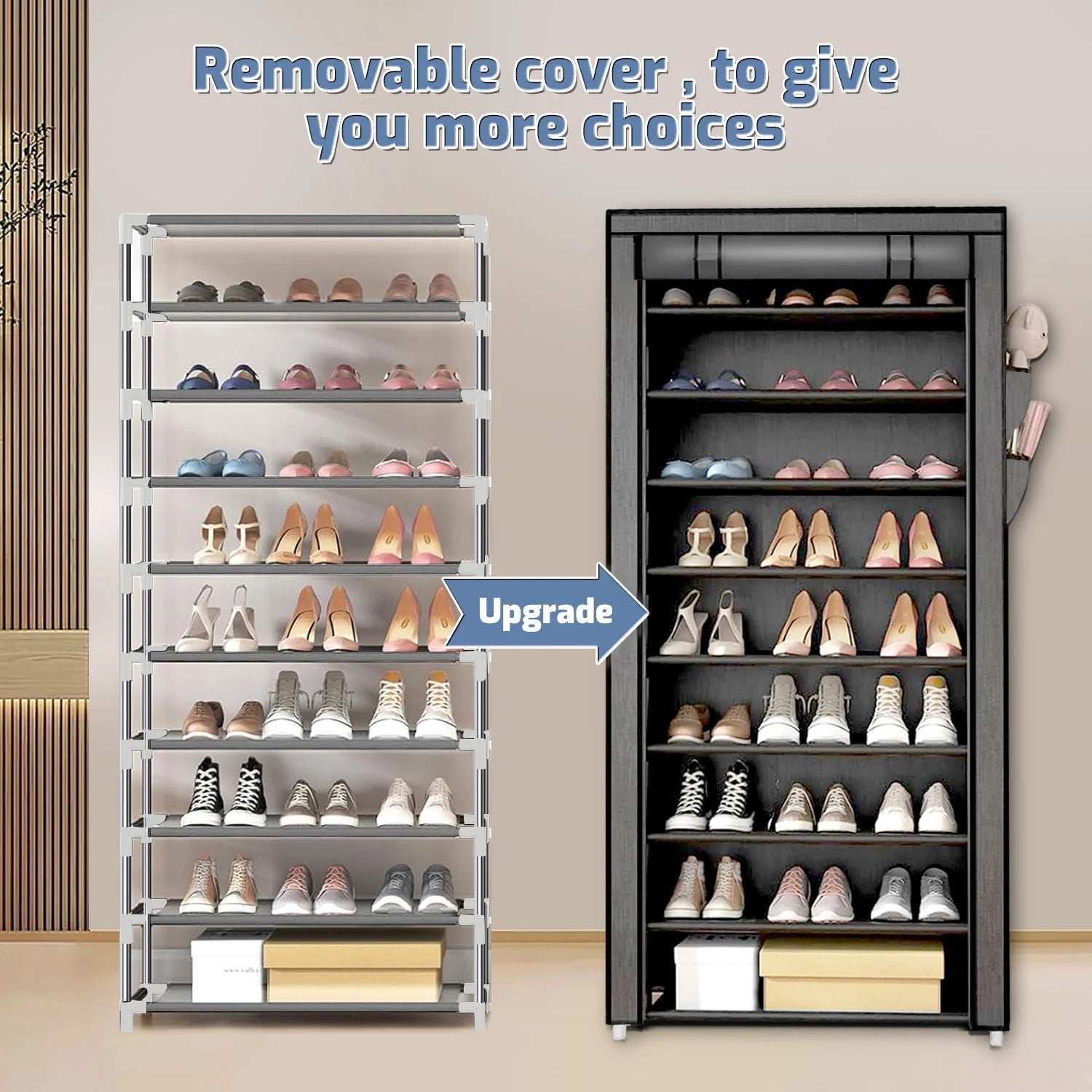 10 Tier Shoe Rack with Covers,Large Capacity Stackable Tall Shoe Organizer Storage Shoes and Boots Sturdy Metal Free Standing Shoe Shelf Organizer for Closet Entryway Garage Bedroom