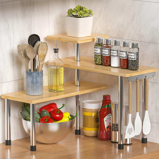 Kitchen Countertop Organizer Corner Shelf - 3 Tier Bathroom Storage Display Counter Shelves Bamboo Spice Rack Desk Bookshelf with Hooks