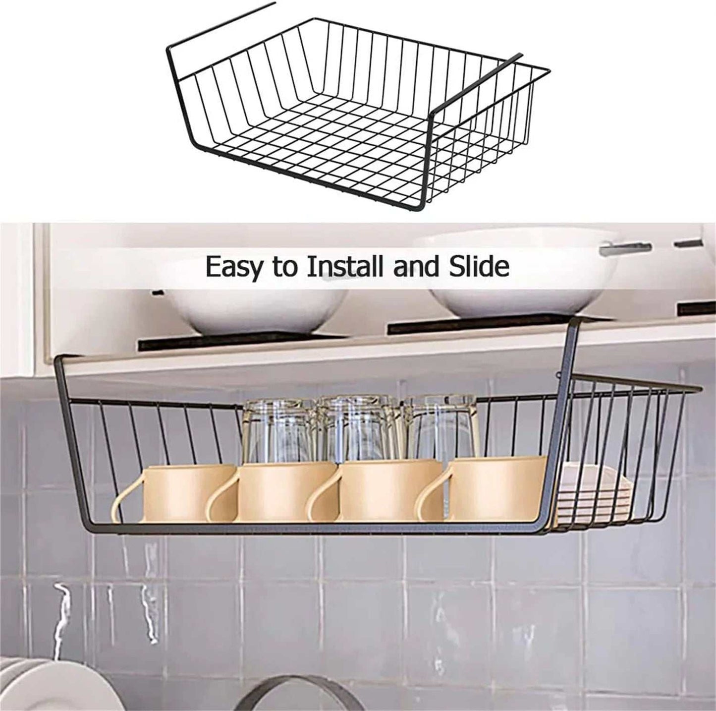 under Cabinet Storage Shelf Wire Basket Organizer Fit Dual Hooks for Kitchen Pantry Desk Bookshelf (1 Pack, Black)