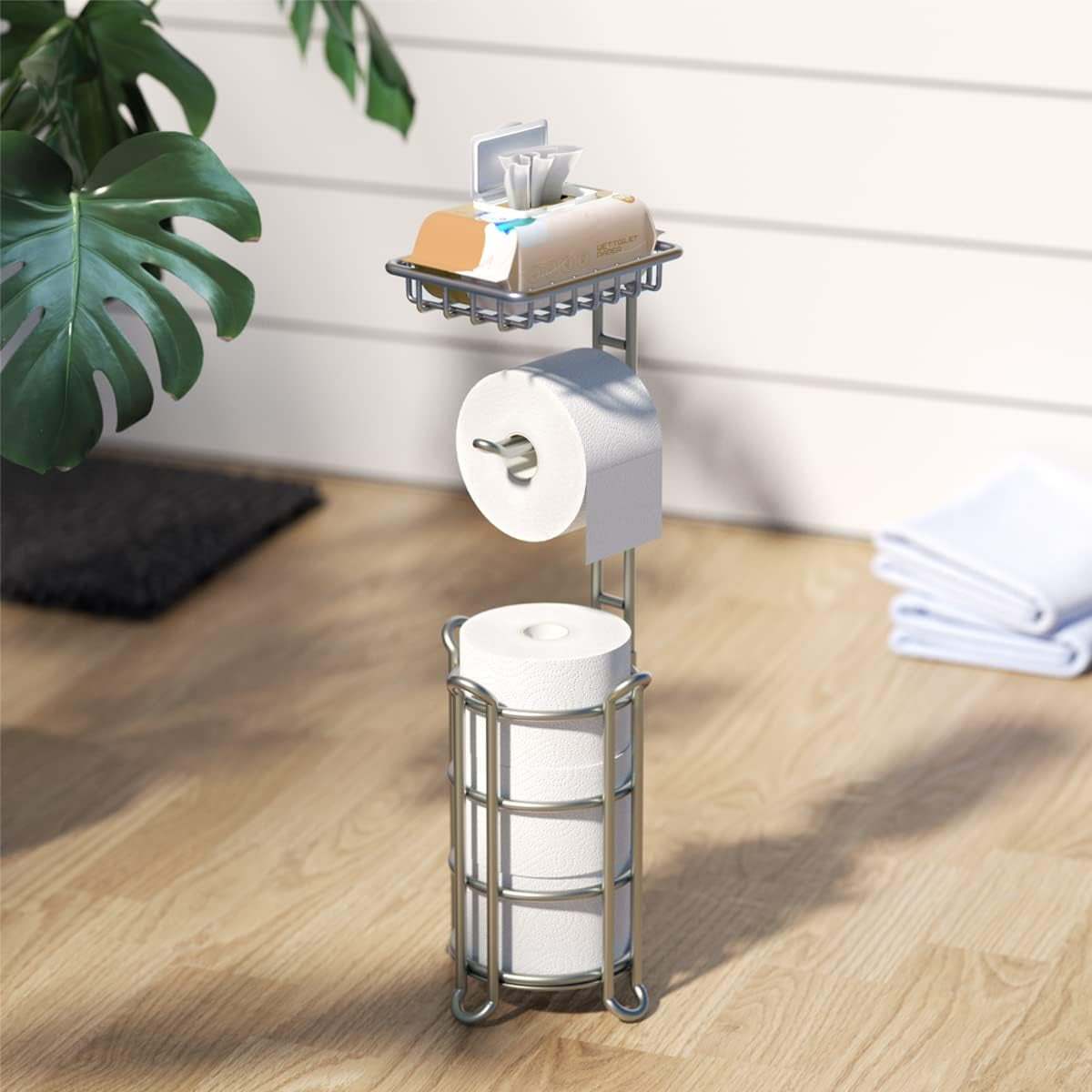 Toilet Paper Holder Stand Bathroom Tissue Dispenser Holders Rack Free Standing with Extra Shelf Storage Mega Rolls/Phone/Wipe - Silver