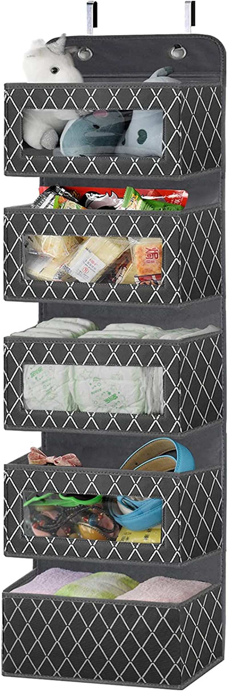 Over the Door Hanging Organizer with 5 Large Pockets - Wall Mount Fabric Pantry Storage with Clear PVC Window & 2 Big Metal Hooks for Closet,Bathroom,Nursery,Bedroom,Dorm,Baby Diapers,Kids Toys (Gray)