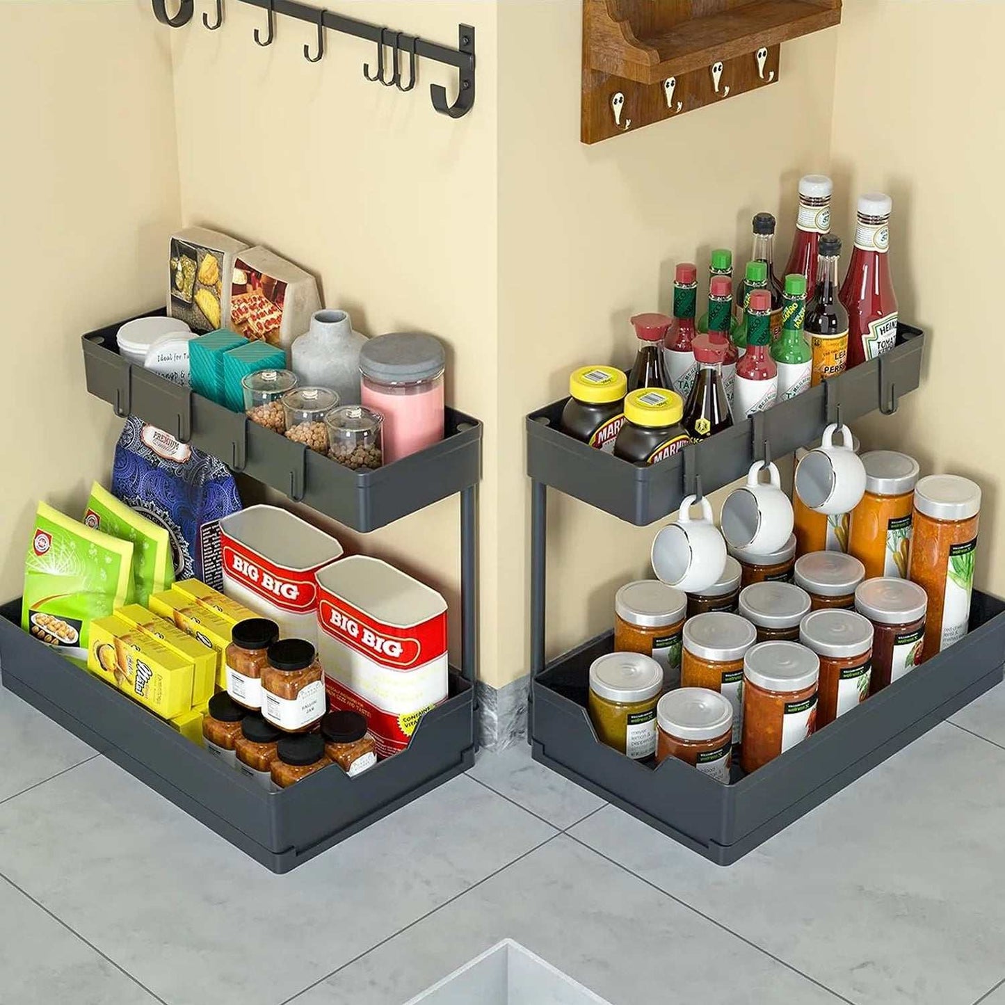 2-Pack under Sink Organizer Storage, 2 Tier L-Shape Multi-Purpose Large Capacity Kitchen under Sink Organizers for Narrow Space Easy Access Sliding Storage Drawer with Hooks for Bathroom