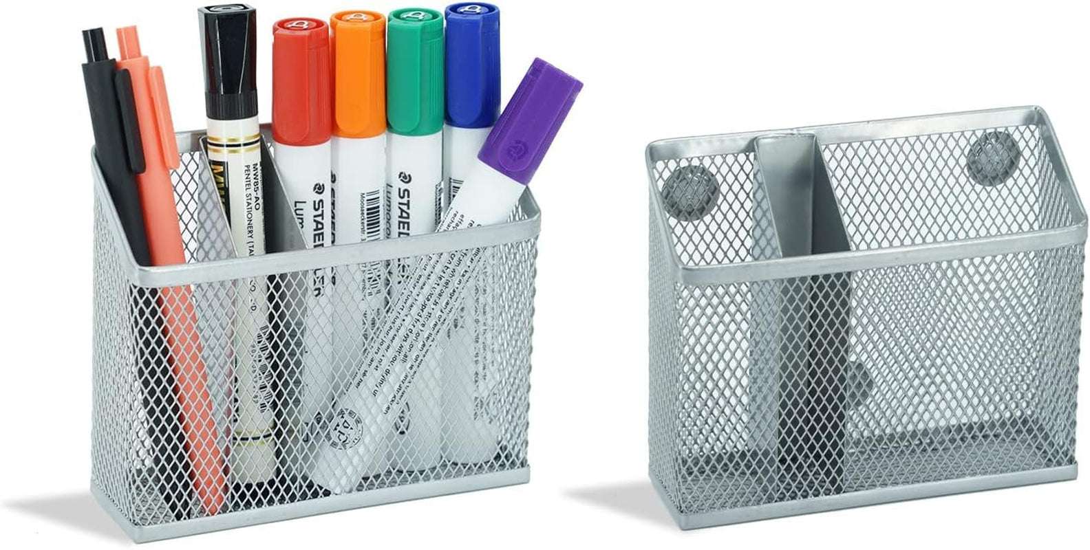 Magnetic Pen Holder，Magnetic Storage Basket for Refrigerator, Locker, Magnetic Dry Erase Marker Holder for Whiteboard, Pack 2 (Silver)