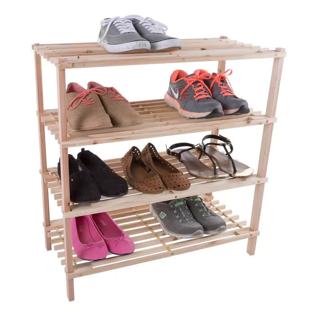 26 H 12-Pair 4-Tier Brown Wood Shoe Rack