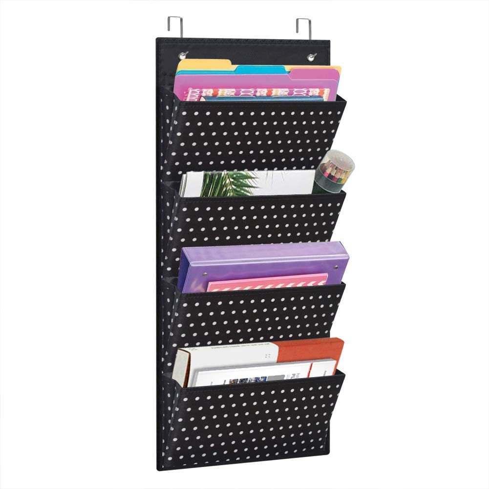 Over the Door File Hanging Storage Organizer  - 4 Large Office Supplies File Document Organizer Holder for Office Supplies, School, Classroom, Office or Home Use, White Dots Pattern