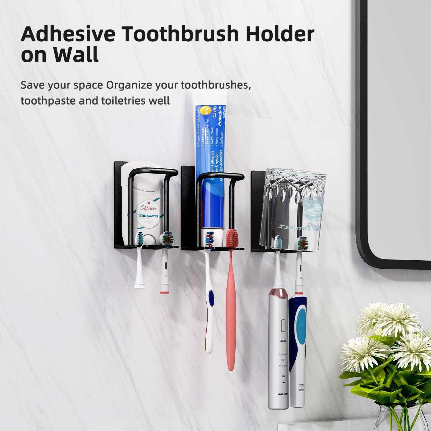 Electric Toothbrush Holder, Toothbrush Holder Wall Mounted for Bathroom Shower Wall Toothbrush Organizer Adhesive Toothpaste Tooth Brush Cup Holder Self-Draining Hygienic Toothbrush Head Holder