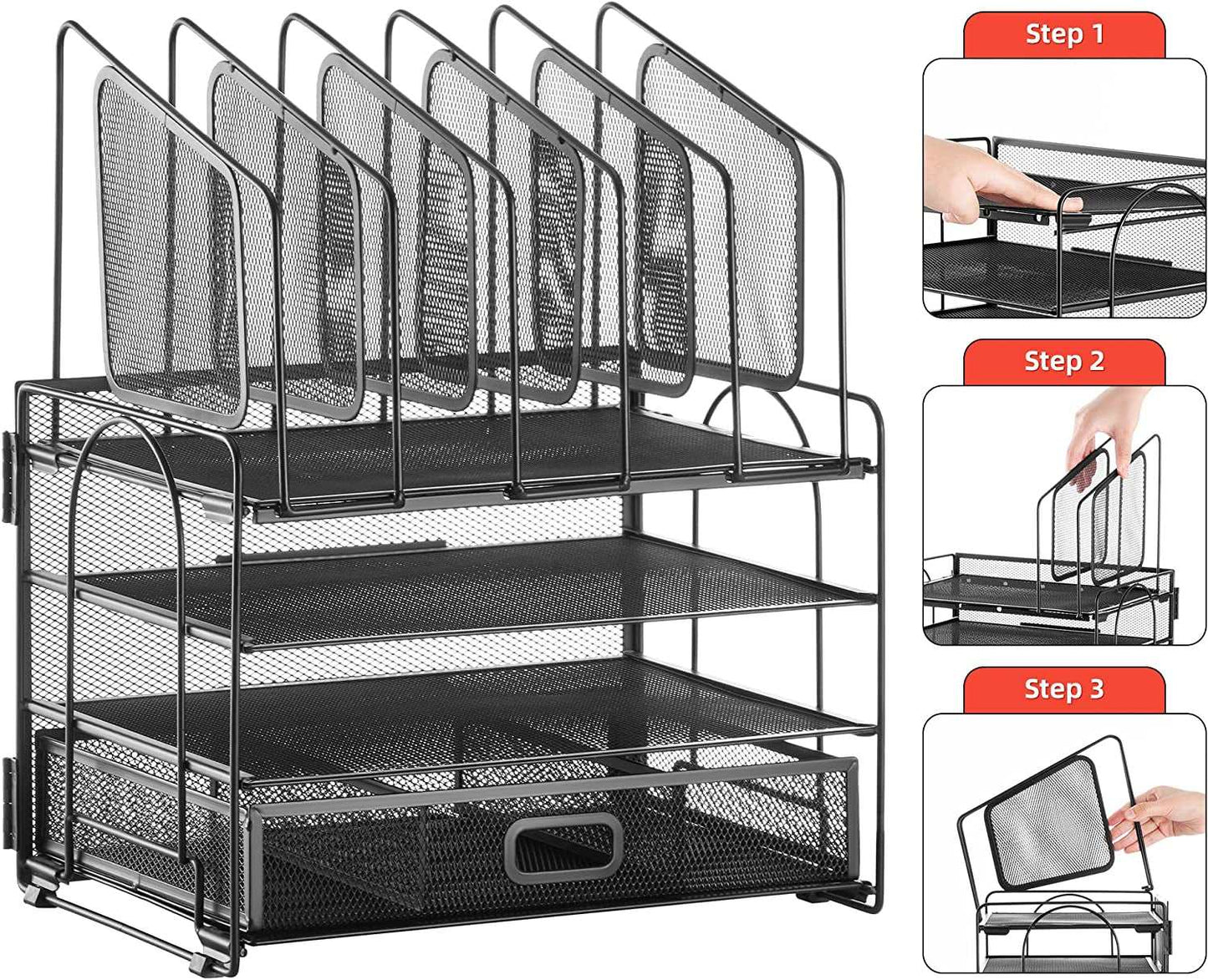 Desk Organizer with Drawer, 4-Tier Mesh Desk File Organizer with 5 Vertical File Holders and 2 Pen Holders, Multifunction Desktop Organizer