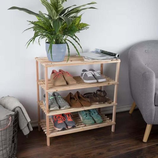 26 H 12-Pair 4-Tier Brown Wood Shoe Rack