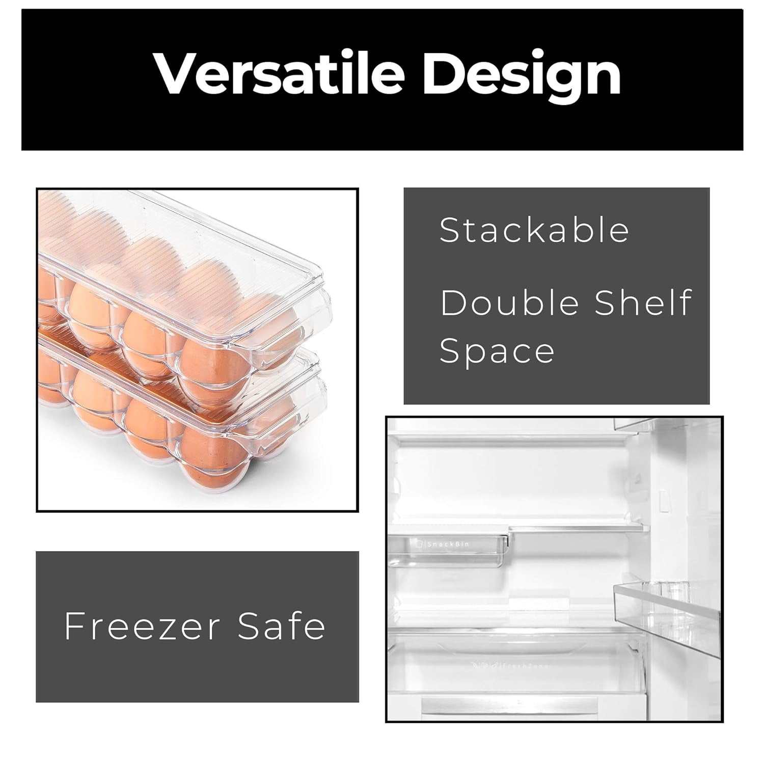 Stackable Refrigerator Egg Holder Bin with Handle and Lid - BPA Free Plastic - Fridge Drawer, Freezer Tray, Kitchen Pantry Storage Container Organizer - 14.65 X 3.25 Inch - Clear