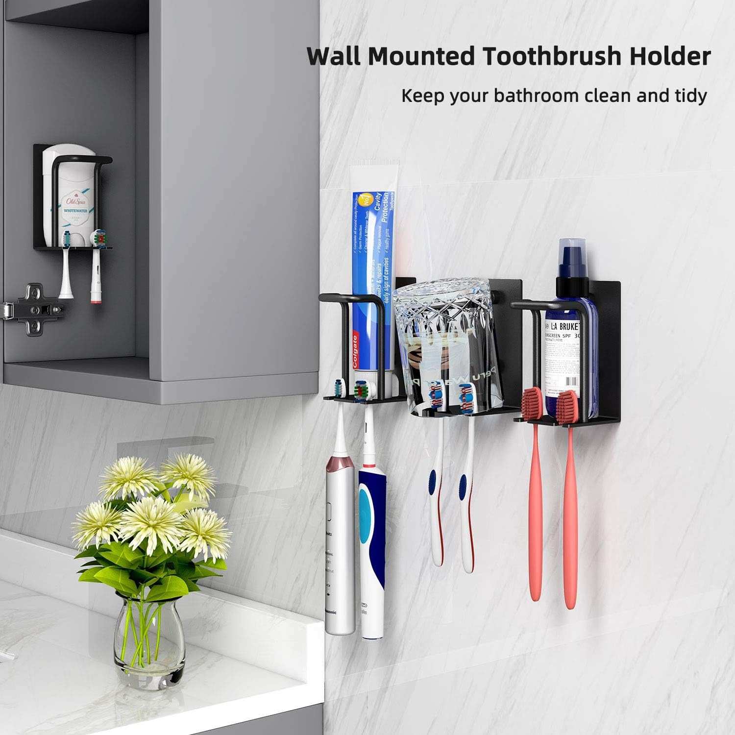 Electric Toothbrush Holder, Toothbrush Holder Wall Mounted for Bathroom Shower Wall Toothbrush Organizer Adhesive Toothpaste Tooth Brush Cup Holder Self-Draining Hygienic Toothbrush Head Holder