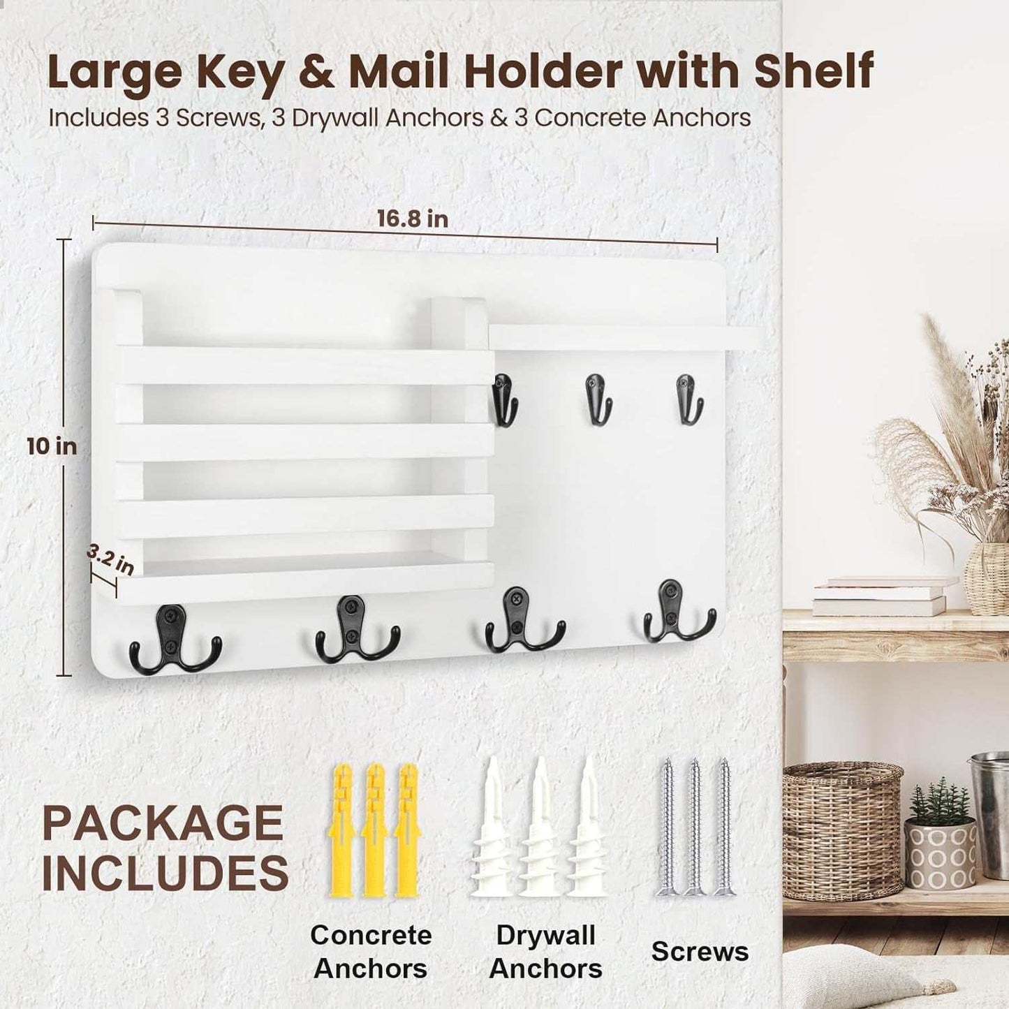 Mail Holder for Wall Mail Organizer with Key Hooks Hallway Farmhouse Decor Letter Sorter Made of Natural Wood with Floating Shelf and Flush Mount Hardware (16.8Inch X 10Inch X 3.2Inch)