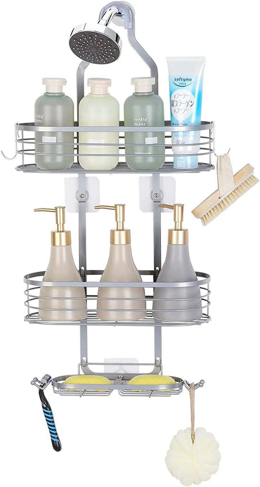 Over the Shower Head Caddy Organizer, Shower Storage Rack Shelf with Hooks & Soap Holder, Silver