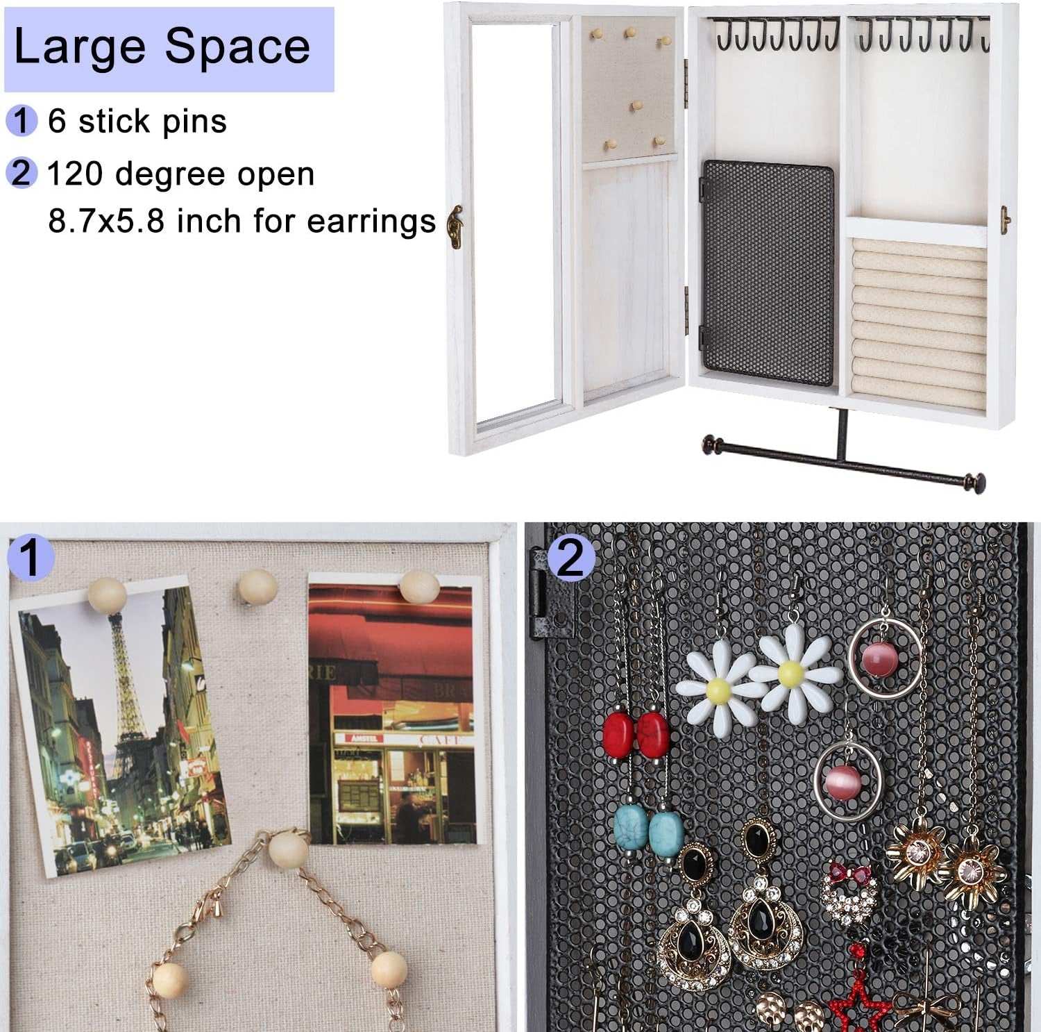 Wall Mounted Jewelry Organizer with Rustic Wood Large Space Jewelry Cabinet, Holder, Storage Box for Necklaces, Earrings, Bracelets, Ring Holder, and Accessories White