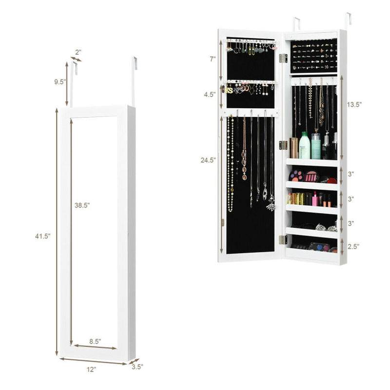 Wall and Door Mirrored Jewelry Cabinet with LED Light