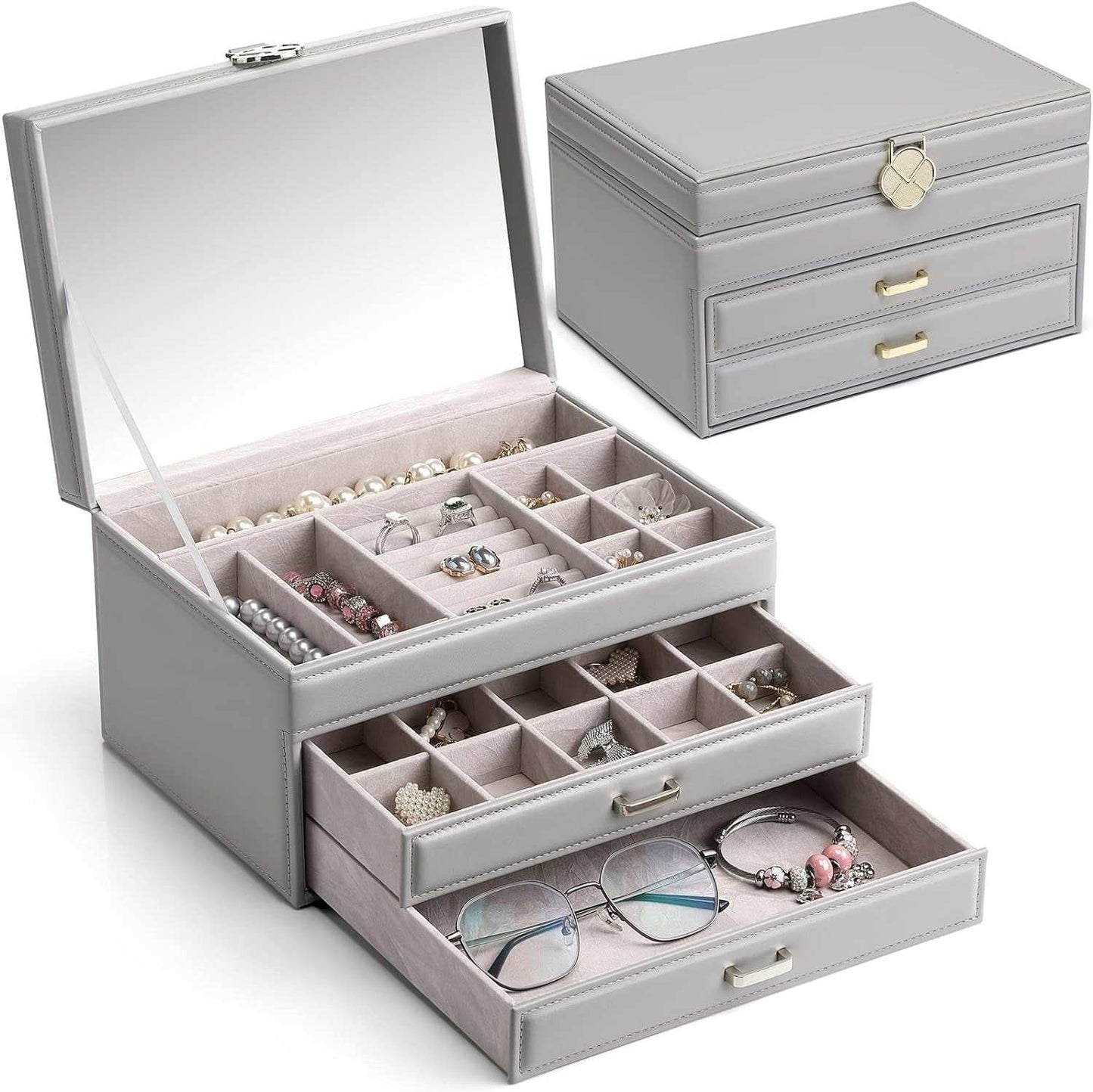 3-Tier jewelry box organizer with velvet lining, mirror lid, faux leather, large-capacity organizer in grey.