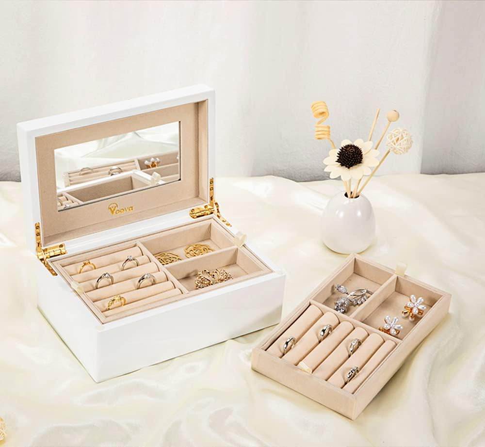 Wooden Jewelry Box Organizer for Women Teen Girls, Luxury Piano Paint Wood Jewelry Case with Mirror, Large Jewellery Storage Boxes Display Holder with Removable Tray for Earrings Rings, White