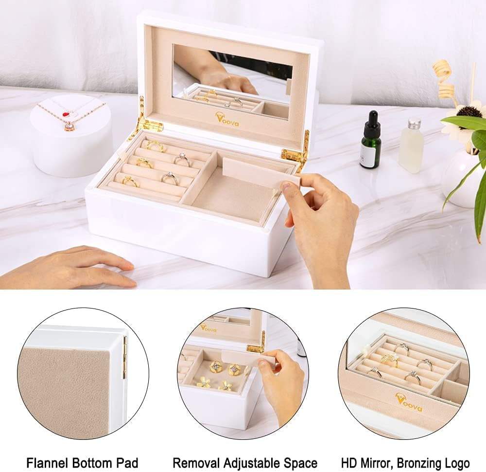 Wooden Jewelry Box Organizer for Women Teen Girls, Luxury Piano Paint Wood Jewelry Case with Mirror, Large Jewellery Storage Boxes Display Holder with Removable Tray for Earrings Rings, White