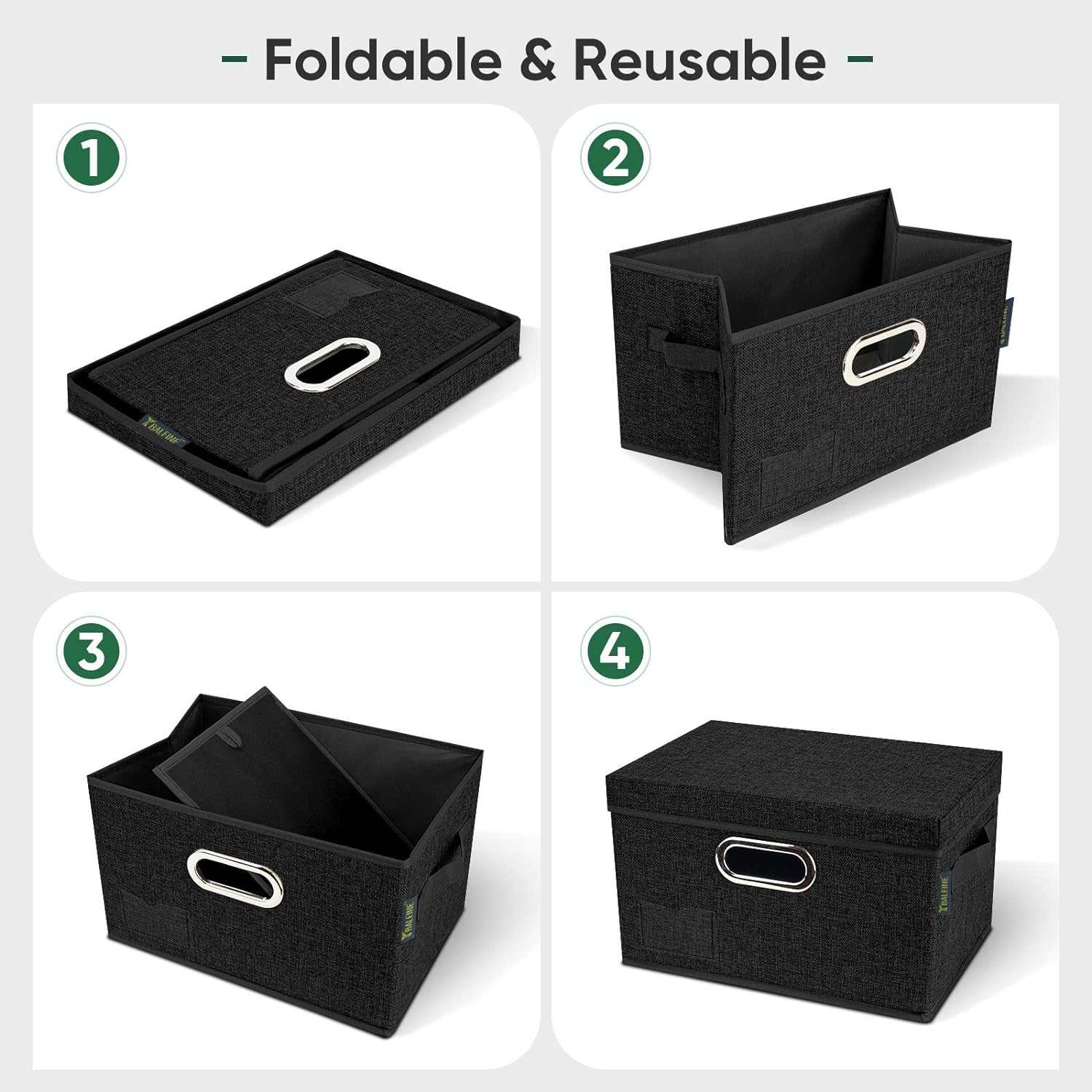 Storage Bins with Lids, Foldable Linen Fabric Storage Boxes with Lids, Collapsible Closet Organizer Containers with Cover for Home Bedroom Office (3 Pack Black Medium)