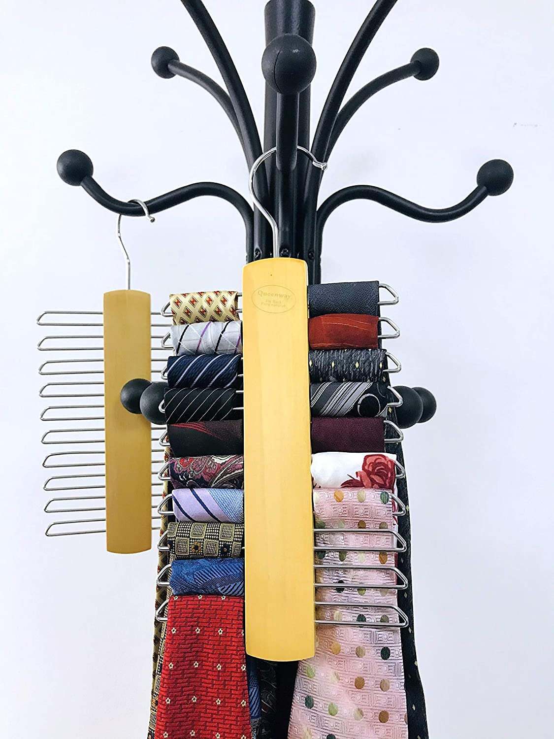 Tie Rack Holder,Premium Wooden Necktie and Belt Hanger,Rotate to Organizer and Storage Rack with Non-Slip Clips Finish 20 Hooks,360Degree Swivel Space Saving Organizer for Men