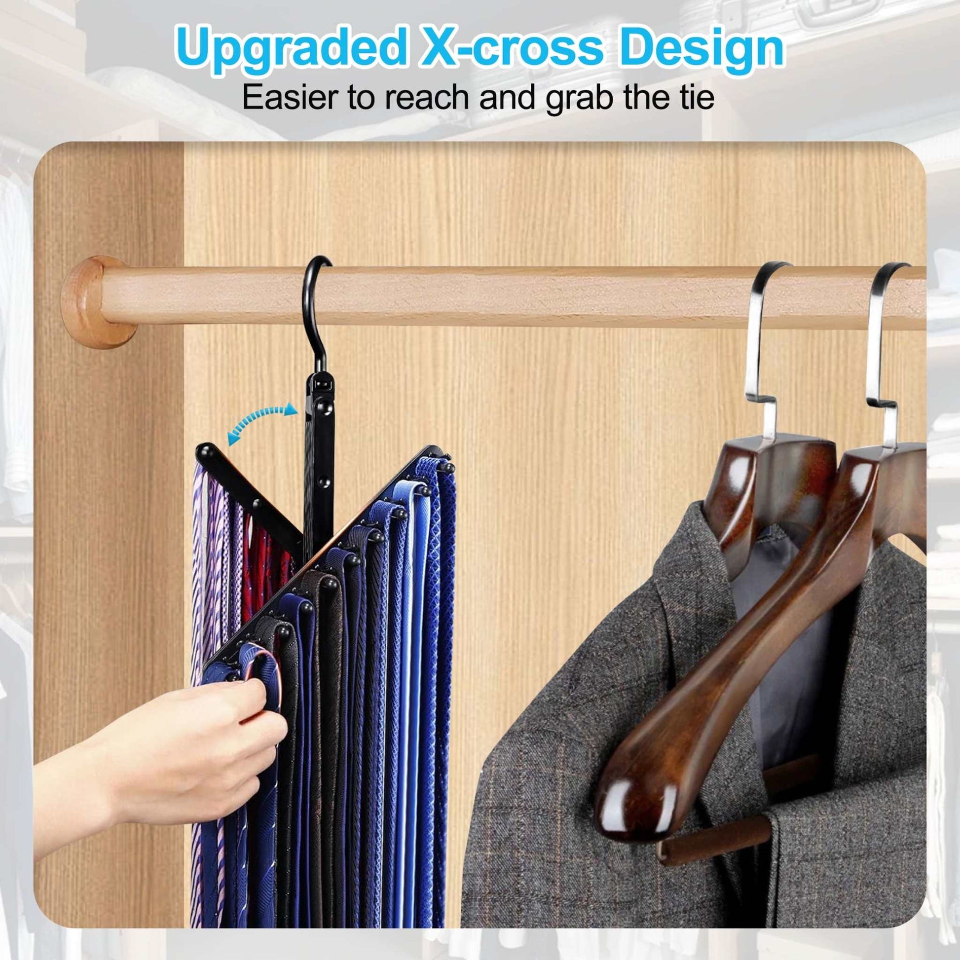 Tie Rack Hanger,  Tie Rack Holder with 20 Hooks Non-Slip Clips, 360 Degree Swivel, Space Saving Plastic Tie Organizer