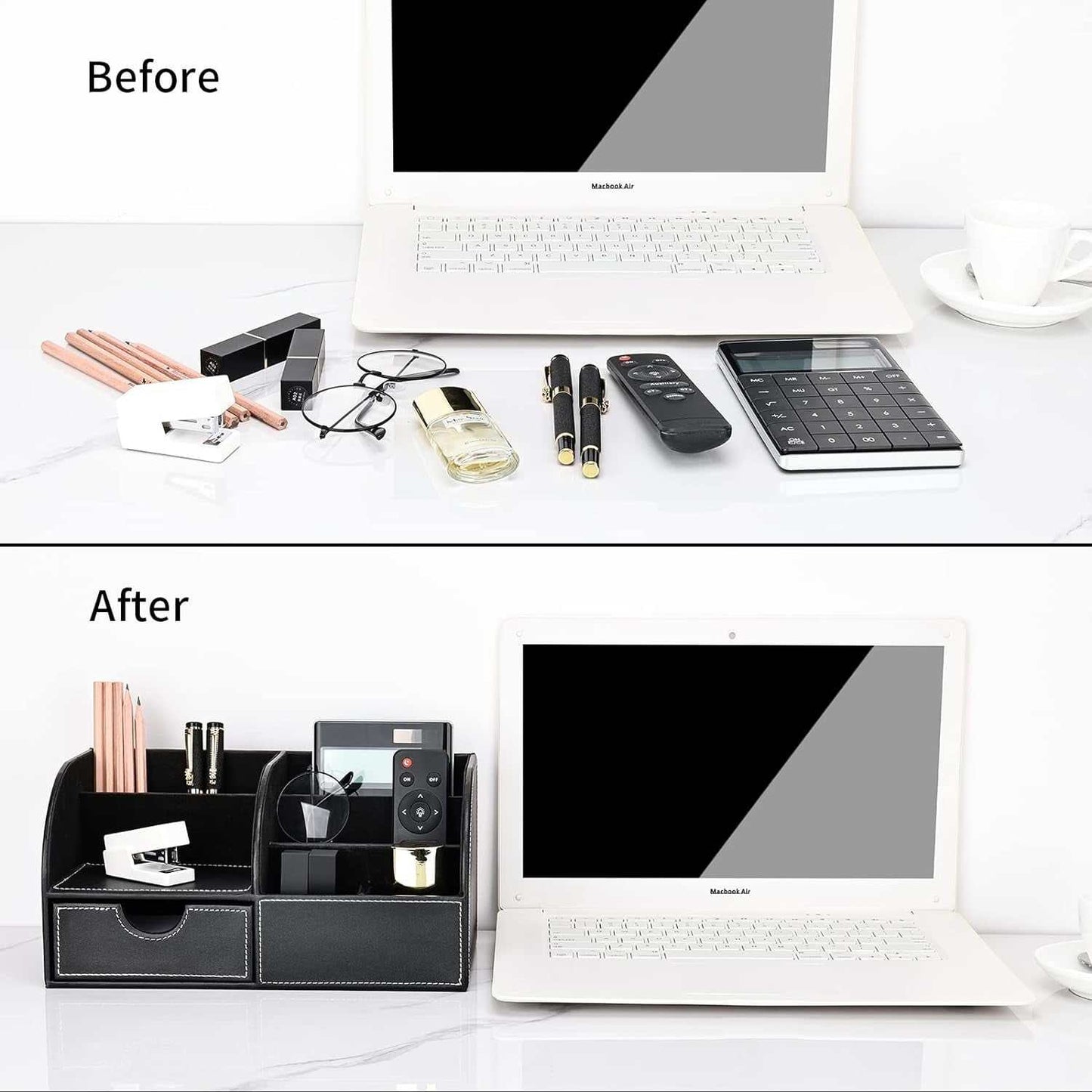 Pu Leather Desk Organizer Pen Pencil Holder Office Supplies Caddy Storage Box 6 Compartments with Drawer Black