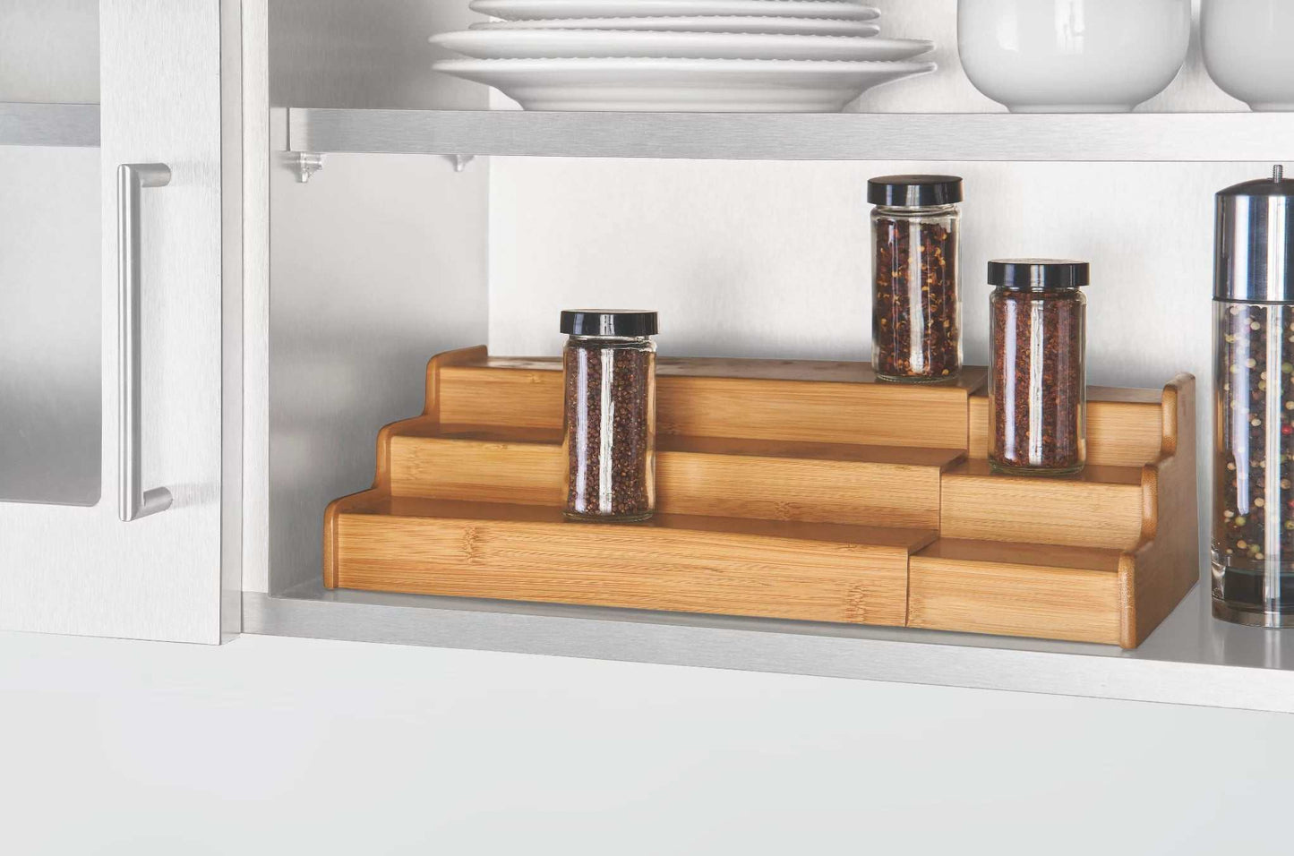 Kitchen Natural Bamboo Organizers Expandable Spice Rack, 3-Tier, 12.91-22.4X7.67X4.4 In