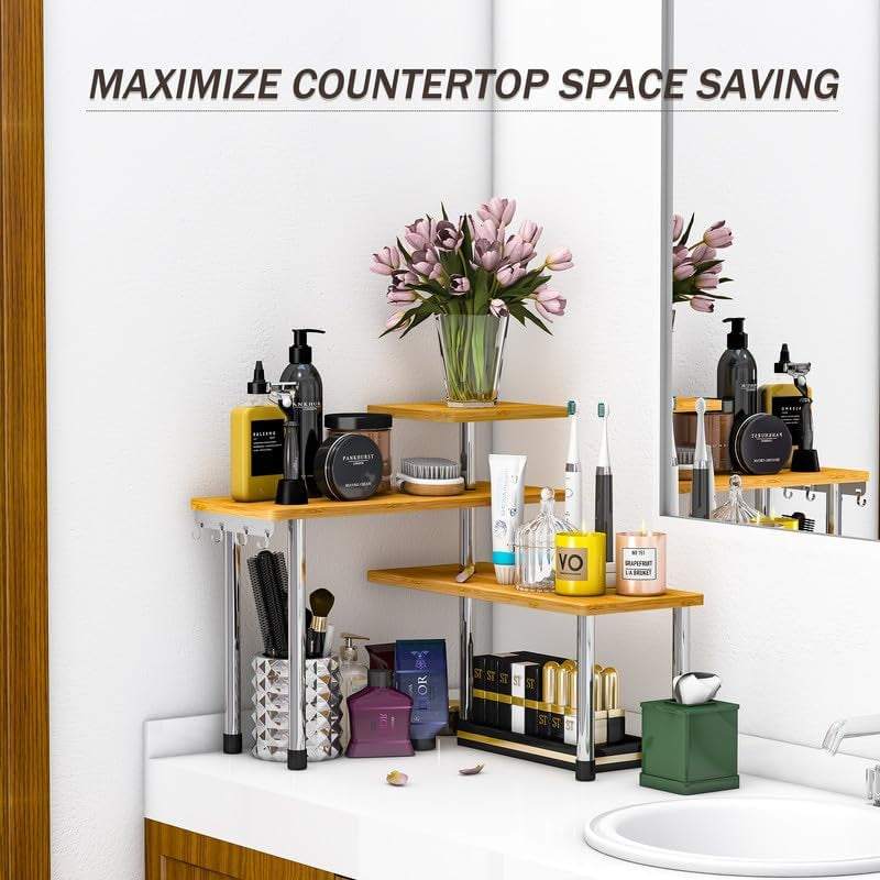 Kitchen Countertop Organizer Corner Shelf - 3 Tier Bathroom Storage Display Counter Shelves Bamboo Spice Rack Desk Bookshelf with Hooks