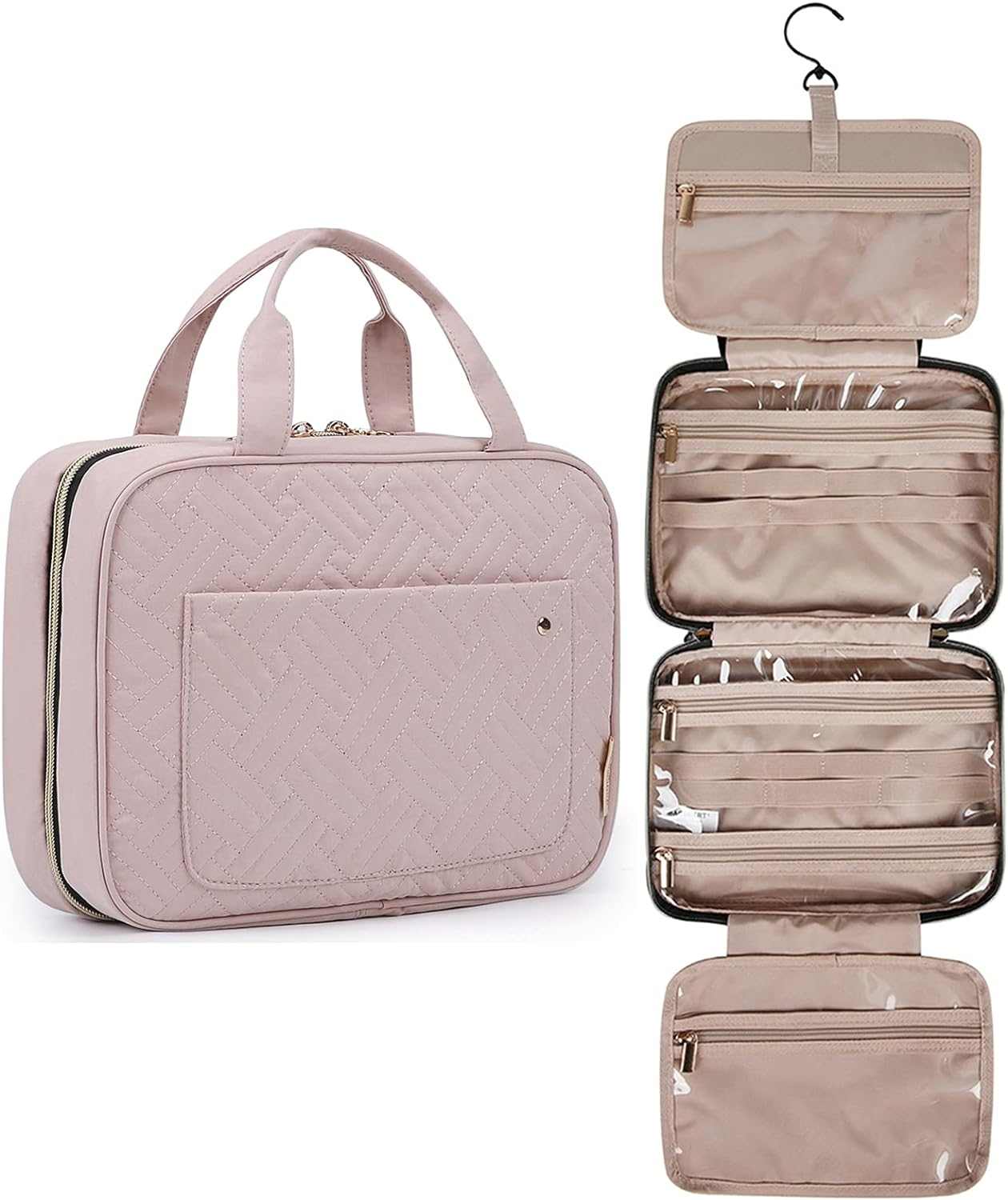 Toiletry Bag Travel Bag with Hanging Hook, Water-Resistant Makeup Cosmetic Bag Travel Organizer for Accessories, Shampoo, Full-Size Container, Toiletries (Baby Pink, Medium)